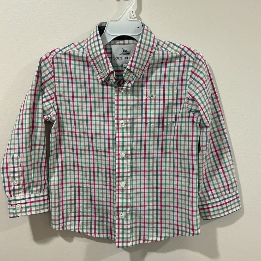 Southbound Button Down Shirt Boys 4T  Plaid‎ Long Sleeve Coastal Preppy Wedding